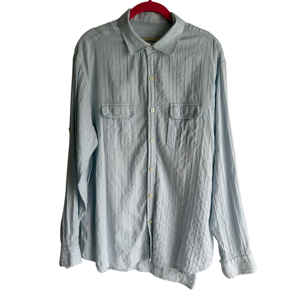 TOMMY BAHAMA‎ Light Blue Linen Cotton Roll-Tab Sleeve Mens Button Up, L